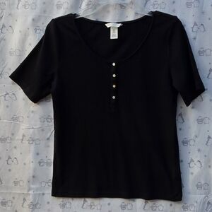 H&M Black Ribbed Henley Top Short Sleeve size XL
